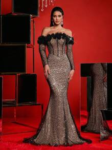 Glamrae 优雅红色露肩领口 3D 花卉胸罩杯骨腰收鱼尾连衣裙，适合婚礼、单身派对、度假、毕业典礼、舞会、非正式晚礼服、婚礼宾客礼服 - 黑色 - 查看 2