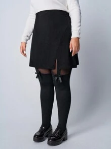 SHEIN PETITE CURVE 大码时尚透视网纱撞色蝴蝶结装饰黑色紧身裤，适合春季、情人节、狂欢节、派对、日常休闲、通勤、办公、毕业典礼等场合穿着。 - 黑色 - 查看 4