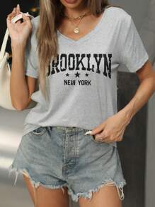 INAWLY 字母印花 V 领短袖 T 恤图案 T 恤女式上衣 - 淺灰色 - 查看 3