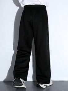 SHEIN Kids/Tween Boy Casual Loose Fit Solid Color Drawstring Waistband Knitted Sweatpants, Suitable For Commuting, School, Daily Casual, Travel, Sports, Spring Summer Autumn Winter - Black - View 5