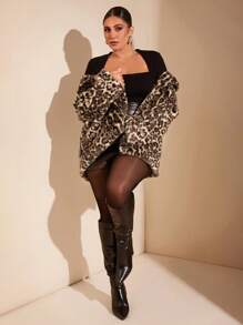 SHEIN BAE Plus Size Women Elegant Gangster Wife Luxurious Leopard Print Lapel Long Sleeve Warm Fluffy Mid-Length Coat For Autumn/Winter