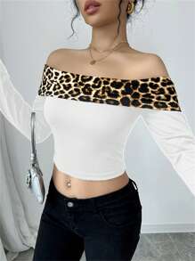SHEIN Unity Sexy Leopard Print Contrast Off Shoulder Women Top - White - View 4