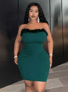 Slaydiva Elegant & Party & Gathering & Sexy & Dating & Evening Wear Women Plus Size Solid Color Sheer Strap Removable V-Neck Fuzzy Splice Mini Dress, Spring/Summer