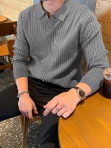 DAZY 男士休闲 Polo 领长袖条纹套头毛衣商务装 - 灰色 - 查看 6