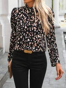 EMERY ROSE 女式碎花长袖休闲复古奢华轻薄蘑菇纽扣修身衬衫，法式浪漫百搭经典办公室装，黑色 - 黑色 - 查看 3