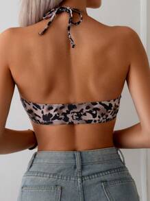 Leopard Print Halter Backless Sexy Bikini Top Summer - Multicolor - View 3