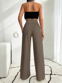 EURMUSE White Wide Leg Pallazzo Pant With Button Detail - Mocha Brown - View 4