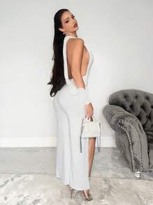 Zolique 1pc Solid Color Halter Slit To Thigh Tight Sexy Jumpsuit With Long Sleeve Fall Cloth For Women - White - View 3
