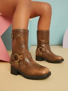 Mini mi Kid's Bestseller Cool Girl Square Toe Buckle Moto Boots - Distressed Materials, Comfort & Stylish