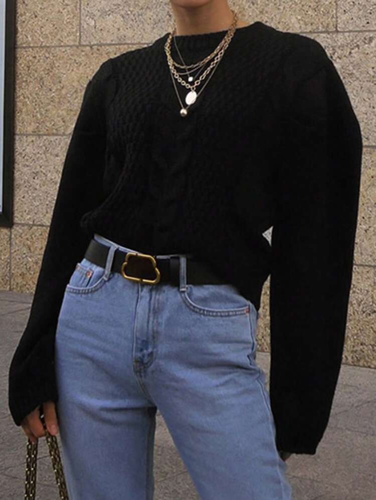 Women's Solid Color Crew Neck Loose Knit Cable Sweater,Fall Women Clothes