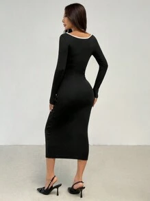 SHEIN PETITE Đầm ôm body cổ vuông tay dài màu đen trắng đơn giản thanh lịch dành cho nữ khi đi làm - màu đen - Xem 2