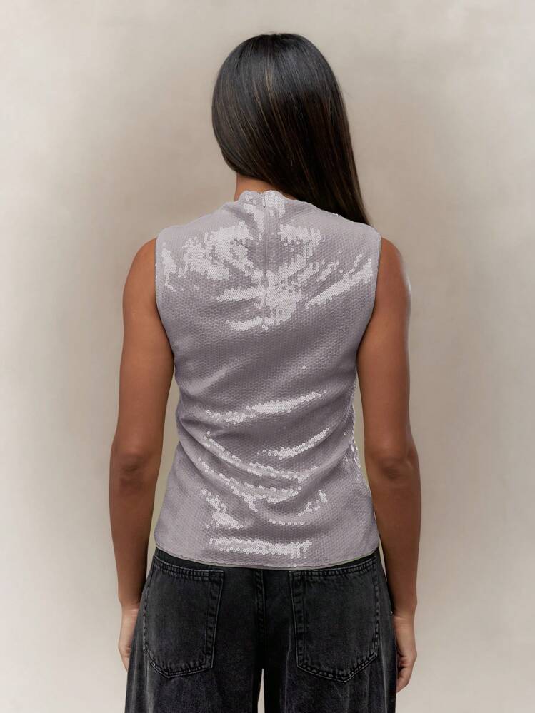 MISSGUIDED Áo thun polo cổ tròn không tay đính sequin phong cách tương lai Y2K - Bạc - Xem 2
