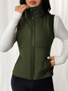SHEIN EZwear Women Casual Solid Color Zip-Up Padded Vest In Fall/Winter - Army Green - View 6