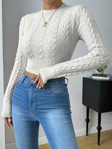 Chiquease Women Solid Color Crew Neck Long Sleeve Cropped Fitted Sweater, Autumn/Winter Knit Pullover Fall Outfit - White - View 5