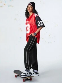 SHEIN Sports 女士撞色条纹前系带休闲运动裤 - 黑色 - 查看 4