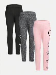 3 件套年轻女孩和年轻女孩心形印花紧身裤，适合日常休闲穿着 - 彩色 - 查看 3