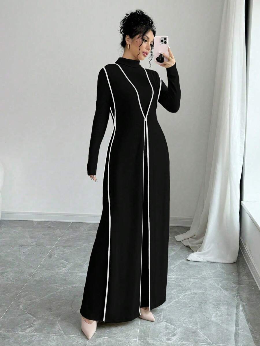 3件套：针织拉绒罗纹高领长款毛衣和撞色阔腿裤（女款） - 黑色 - 查看 1