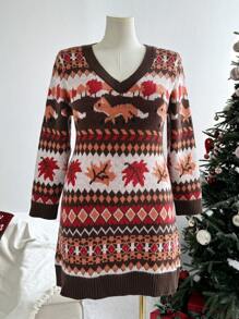 Sunnyshic Plus Size Casual Jacquard Pattern Christmas Sweater Dress, Suitable For Thanksgiving, For Winter - Multicolor - View 3