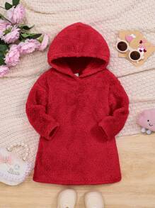 SHEIN Babygirl 休闲粉色蓬松衬里连帽连衣裙 - 紅色 - 查看 1