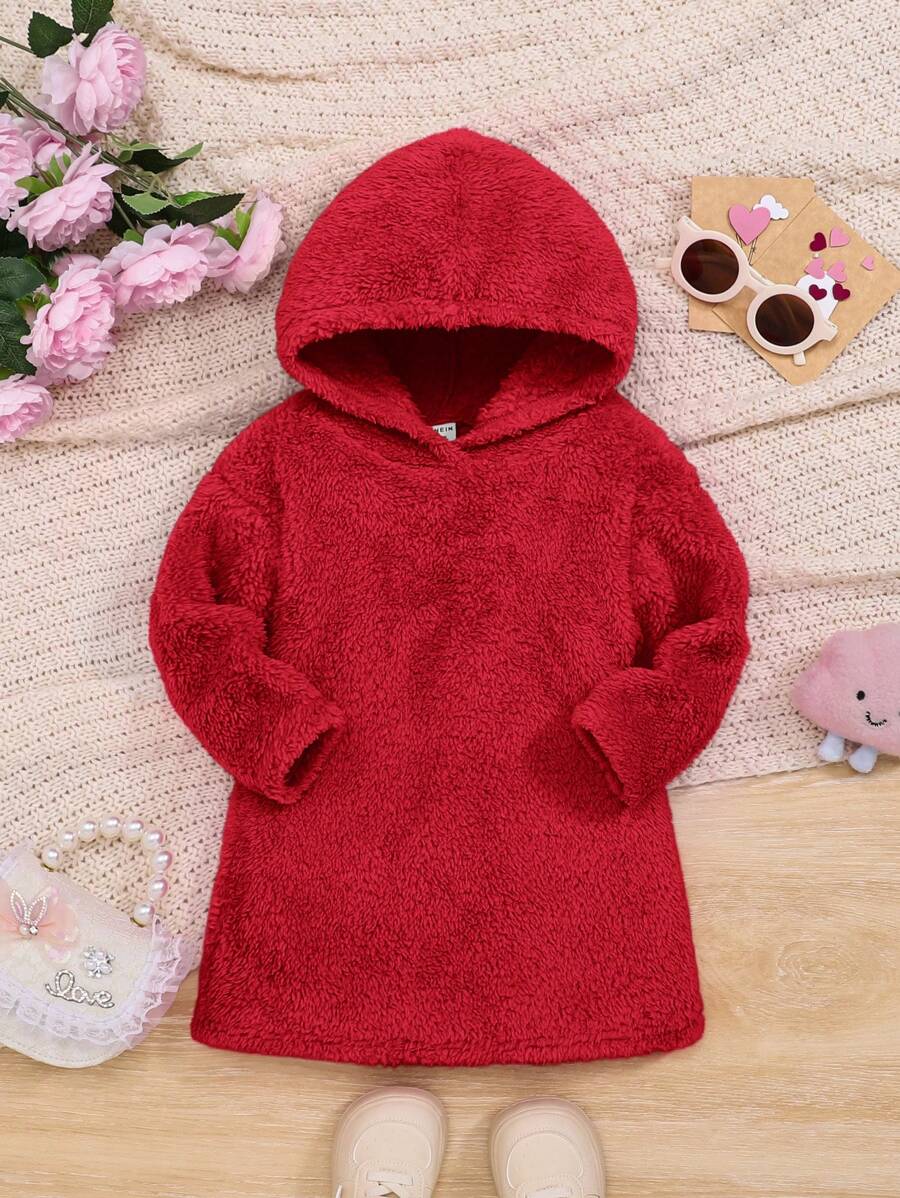 SHEIN Babygirl 休闲粉色蓬松衬里连帽连衣裙 - 紅色 - 查看 1