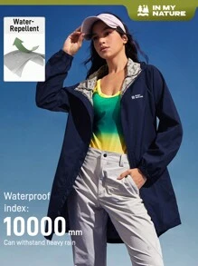 In My Nature Chaqueta de lluvia a media pierna, a prueba de viento y de agua, con capucha para mujer - Azul Marino - Ver 3