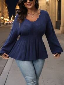 SHEIN LUNE Plus Size Women's Solid Color V-Neck Long Sleeve Ruffled Hem Casual Pullover Sweater Knit Pullover Fall Winter - Navy Blue - View 7