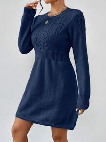 Chiquease 1pc Women Solid Color Round Neck Long Sleeve Simple Casual Short Knit Sweater Dress - Royal Blue - View 6
