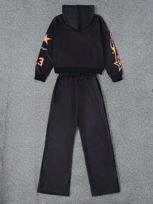SHEIN 2pcs/Set Teen Boys Casual Comfortable Long Sleeve Hoodie And Pants - Black - View 2