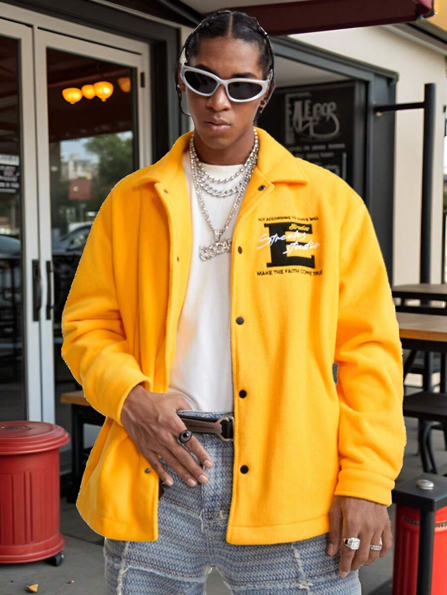 Manfinity VCAY Men's Yellow Embroidered Letter Long Sleeve Jacket, For Fall Winter - Yellow - View 1