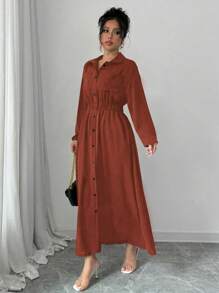 Elenzga Vestido camisero largo de un solo pecho de unicolor de manga larga para mujer, apto para primavera, verano, otoño e invierno, para ocasiones casuales como té de la tarde, fiestas, Acción de Gracias, vuelta al colegio, festivales de música country, casual de negocios - Óxido marrón - Ver 3