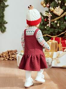 Cozy Pixies Baby Girl 2pcs Christmas Print Round Neck Long Sleeve Top And Bib Dress Set, Winter Clothes - Multicolor - View 2