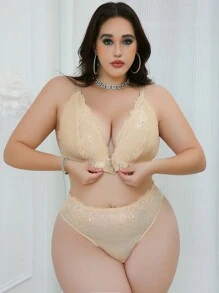 2 Stück/Set Dessous Set bestehend aus Spitzen-BH ohne Bügel und Höschen für Damen Große Größen - Aprikosenfarben - Übersicht 4