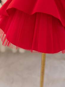 SHEIN Glamorique Kids Christmas Princess Girls Dress, Formal Gown For Party, Autumn/Winter, Long Sleeve Satin Dress With Bow Mesh Tutu Skirt, For Toddler/Baby Girl - Burgundy - View 8