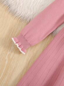 SHEIN 青少年女孩休闲合身彼得潘领花卉反领 A 字形毛衣连衣裙 - 粉色 - 查看 4