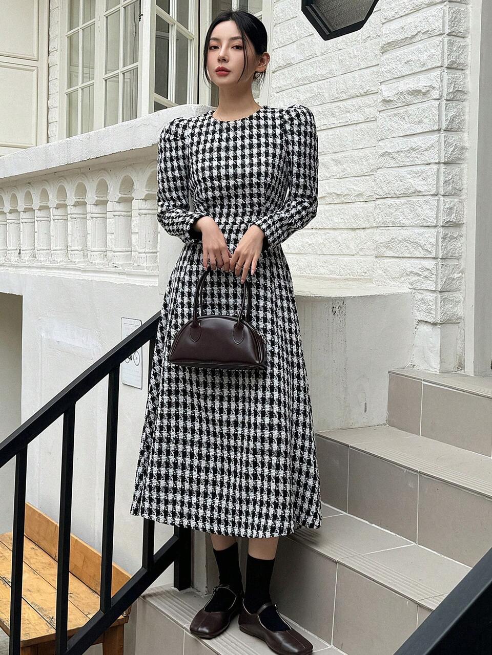 Women's Round Neck Long Sleeve Waist Cinched Casual Long Dress, Minimalist Style For Autumn & Winter,Ruffle,Fall Women Clothes Plaid Maxi Dress