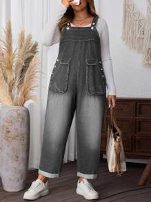 SHEIN LUNE 大码休闲宽松带口袋牛仔背带裤 - 淺灰色 - 查看 1