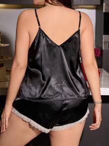 Delicate Embroidered Lace Buttoned Camisole & Shorts Satin Plus Size Pajama Set - Black - View 2