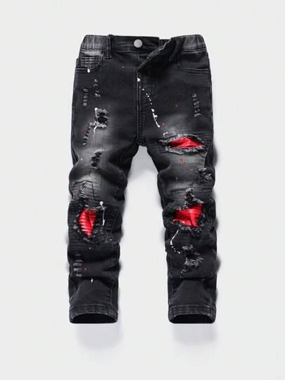 SHEIN Young Boys Street Cool Distressed Ripped Contrast Color Patchwork Slim Fit Black Jeans,For Daily Wear Clothes