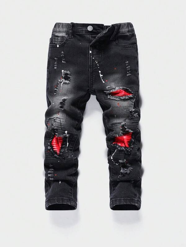 SHEIN Young Boys Street Cool Distressed Ripped Contrast Color Patchwork Slim Fit Black Jeans,For Daily Wear Clothes