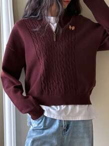 DAZY 1 件女士宽松刺绣半拉链长袖休闲毛衣，秋季女装 - 紅木色 - 查看 7