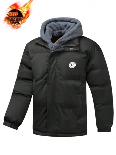 Manfinity Sport Corelite Boyfriend Style Men's Casual Letter Pattern Color Block Hooded Sweatshirt, Puffer Men Jacket Fleece Men's Winter Fashion New Style Warm Coat, With Pockets, Zipper, Comfortable Fabric, Suitable For Daily Life, Work, Travel, Running, Leisure, Office, Fitness, Outdoor Wear.