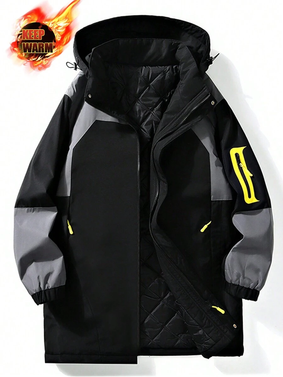 Gym Rark Boyfriend Style Men's Casual Color Block Zip-Up Hooded Ski Jacket With Drawstring, Suitable For Autumn Outings - Black - View 1