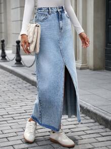 SHEIN LUNE Women's Simple Front Button Pockets Casual Denim Midi Skirt - Light Wash - View 5