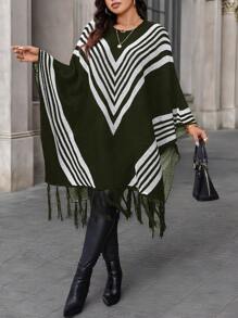 Calvaya Plus Size Women Striped Color Block Tassel Hem Pullover Sweater, Autumn/Winter