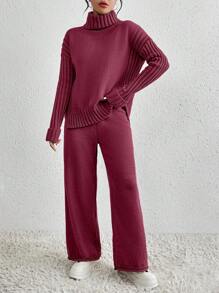 SHEIN Unity 2 件套女士纯色高领落肩长袖毛衣和针织长裤休闲装，秋冬 - 紅木色 - 查看 3