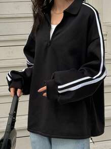 DAZY 女式马球领半襟休闲运动风格撞色拼接宽松运动衫 - 黑色 - 查看 6