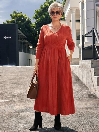 EMERY ROSE Vestido casual de manga larga con cuello en V y costilla de unicolor para mujer de talla grande, vestido naranja de invierno, vestidos elegantes para mujeres