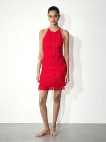 Maija Women's Red Solid Color Halter Backless Tassel Sexy Party Dress, Elegant For Christmas, Holiday Party, Festival - Red - View 6