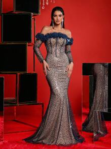 Glamrae Elegancka sukienka z odkrytymi ramionami, dekoltem 3D, miseczkami na biust, usztywniana talią i ściągaczem w kształcie rybiego ogona, odpowiednia na wesela, imprezy, ukończenia szkoły, bale maturalne, nieformalne wieczorne wydarzenia, sukienka dla gości weselnych, sukienka na imprezę, suknia - Granatowy - Zobacz 1