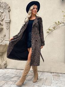 SHEIN LUNE Women Street Fashion Vintage 90s Long Leopard Print Windbreaker Coat, Casual Style, Autumn - Brown - View 3